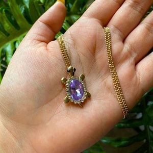 Gold Turtle Necklace With Purple Gem